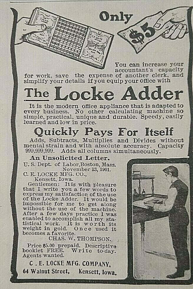 The Locke Adder Antique Adding Machine Calculator Kensett Iowa 1902 Print Ad