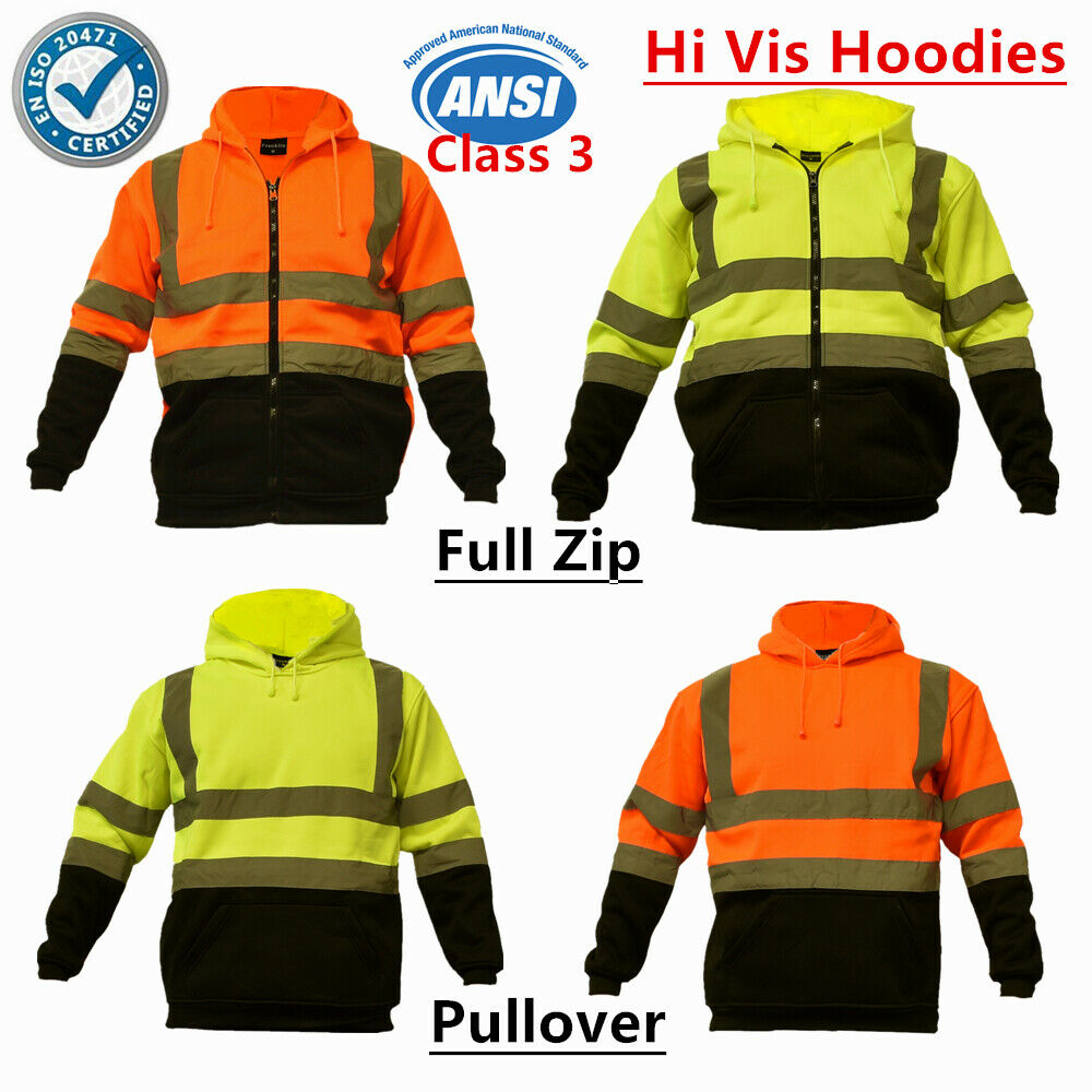 Hi Vis Ansi Class 3 Safety Pullover Zipper Sweatshirt Fleece Hoodie Black Bottom