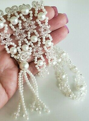 Vtg White Faux Bead Clear Plastic Bicone Pearl Necklace Tassel Long 32"