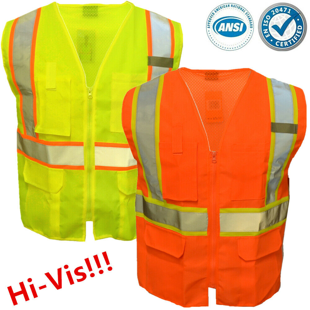 Safety Work Hi Vis Ansi Class 2 Reflective Tape Vest High Visibility W/pockets