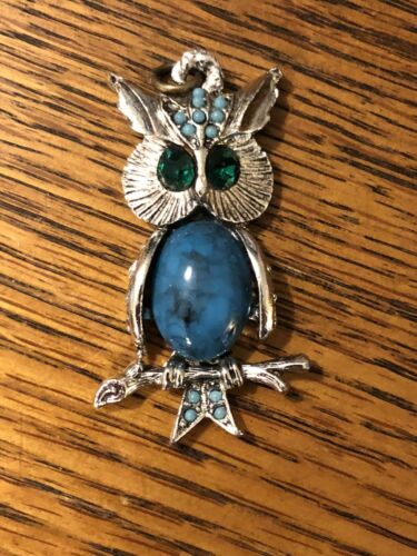 Silver Owl Pendant Faux Turquoise